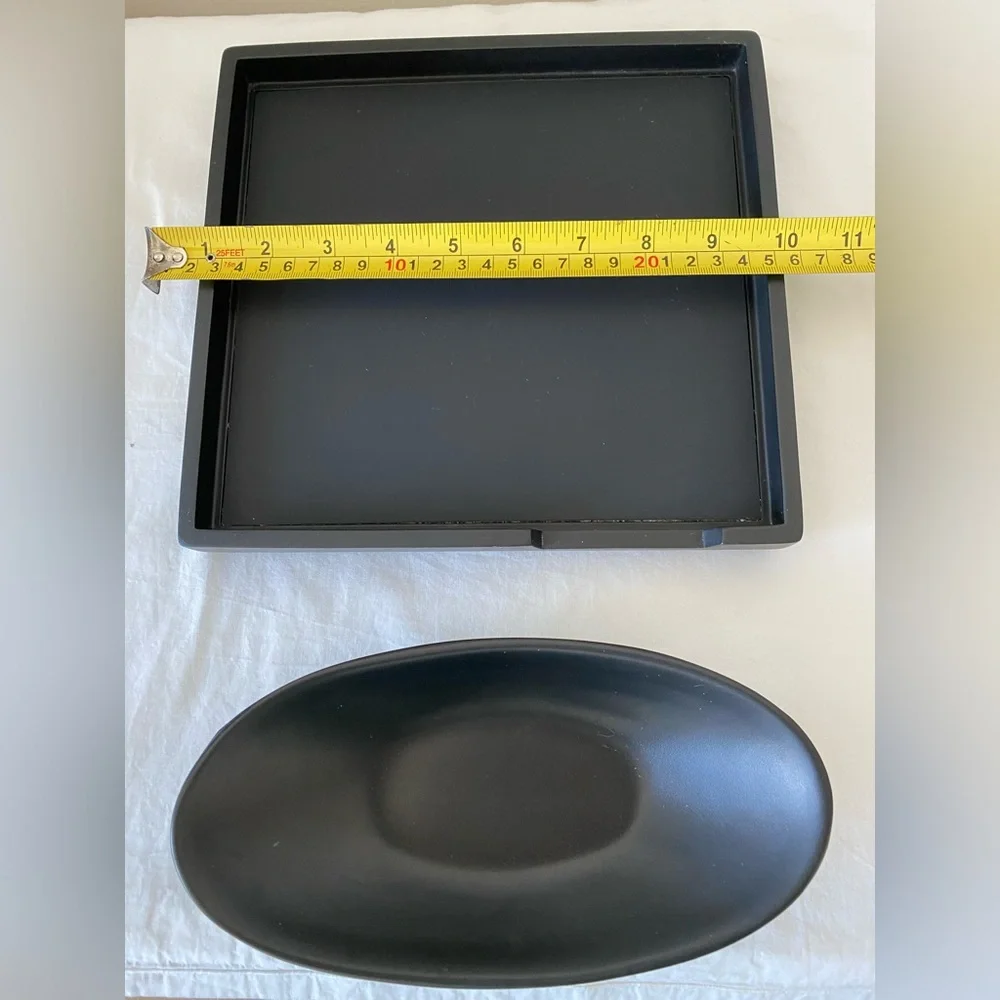 Black home organizers including square tray 10x10, oval melamine trinket holder